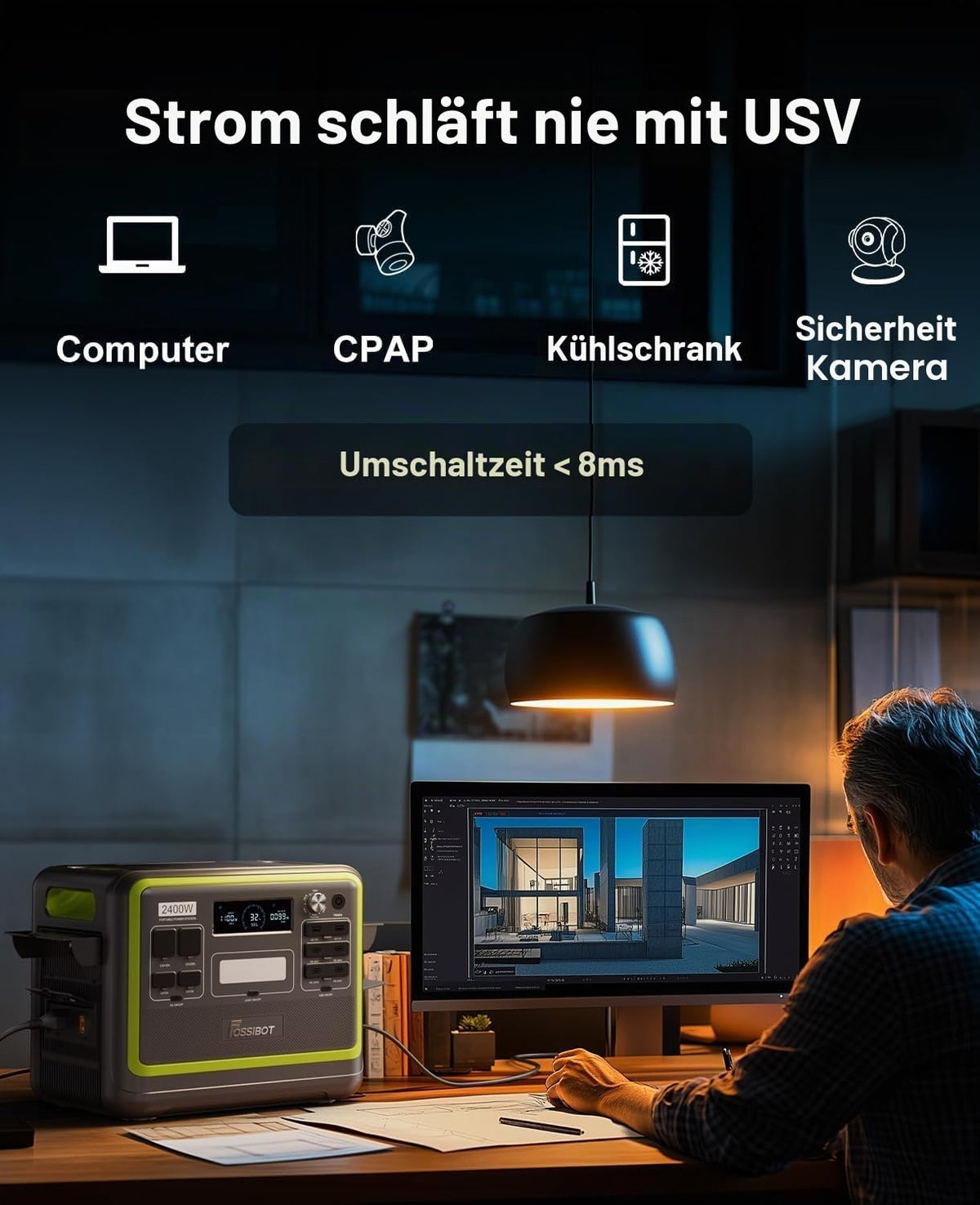 FOSSiBOT F2400 Powerstation mit 200W Solarpanel faltbar, Solargenerator 2048Wh LiFePO4 Batterie 230V 2400W 3AC Ausgängen, USV‑Funktion <10 ms Mobile Stromerzeuger für Camping/Reise/Zuhause/Notfall
