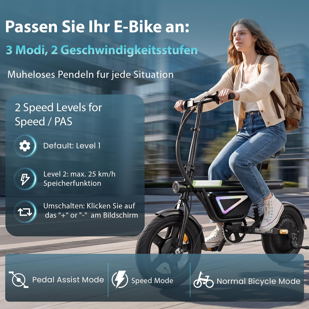 Finbike E-Bike Klapprad 14 Zoll, Elektrofahrrad mit 36V 12Ah Akku für Herren & Damen, 50KM Reichweite, 250W Motor, APP-Steuerung, Faltbares City Bike mit LED-Licht, Leicht & Kompakt für Pendler