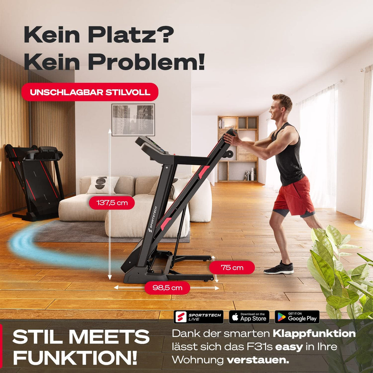 Sportstech, Laufband für Zuhause klappbar + 15-stufige Steigung F31s