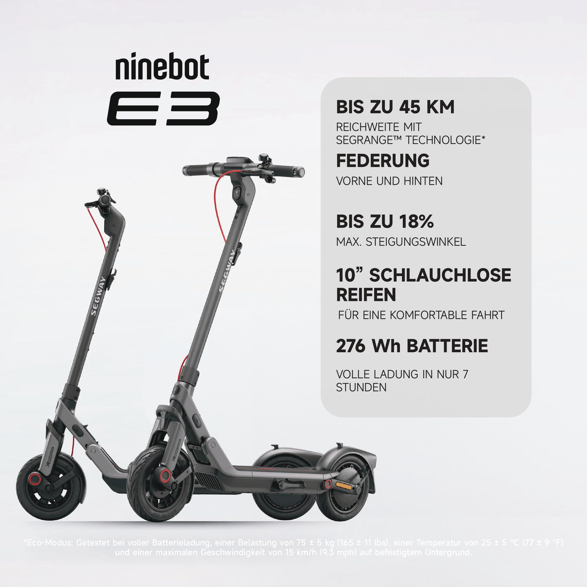 Segway-Ninebot E3 D E-Scooter für Pendler mit Straßenzulassung, 45km Reichweite (37km bei 20km/h), 800W Motor, faltbar & leicht (17,5kg), Federung vorne & hinten, 10-Zoll Reifen, IPX5