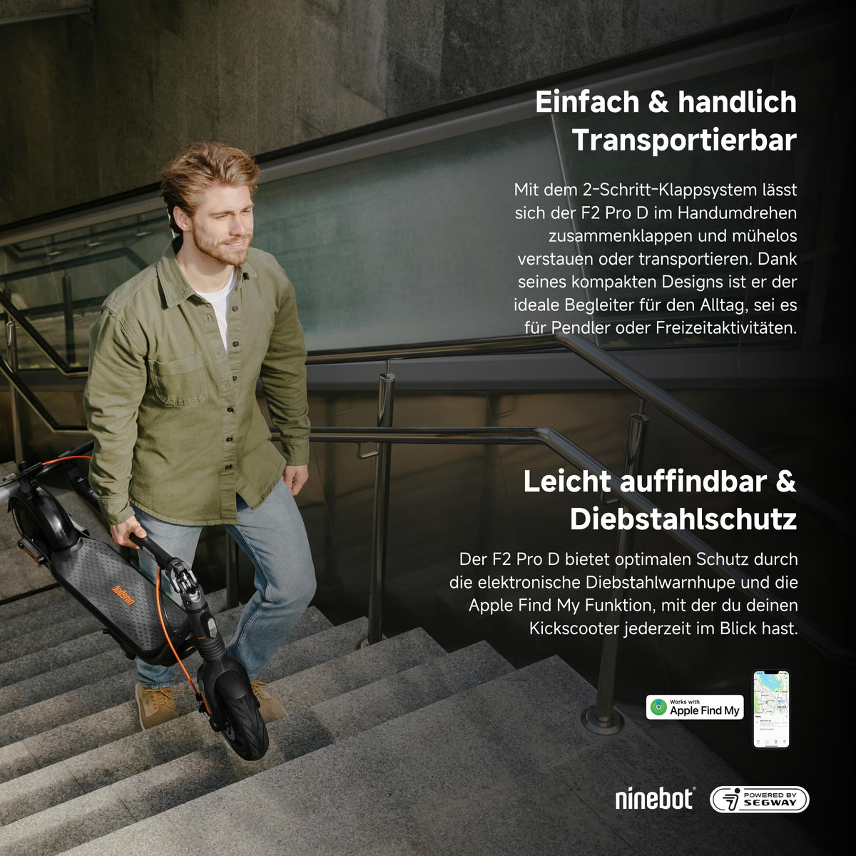 Segway-Ninebot F2 Pro D, E-Scooter mit Straßenzulassung für Erwachsene, max. 20 km/h Geschwindigkeit, 55 km Reichweite, Lange Reichweite
