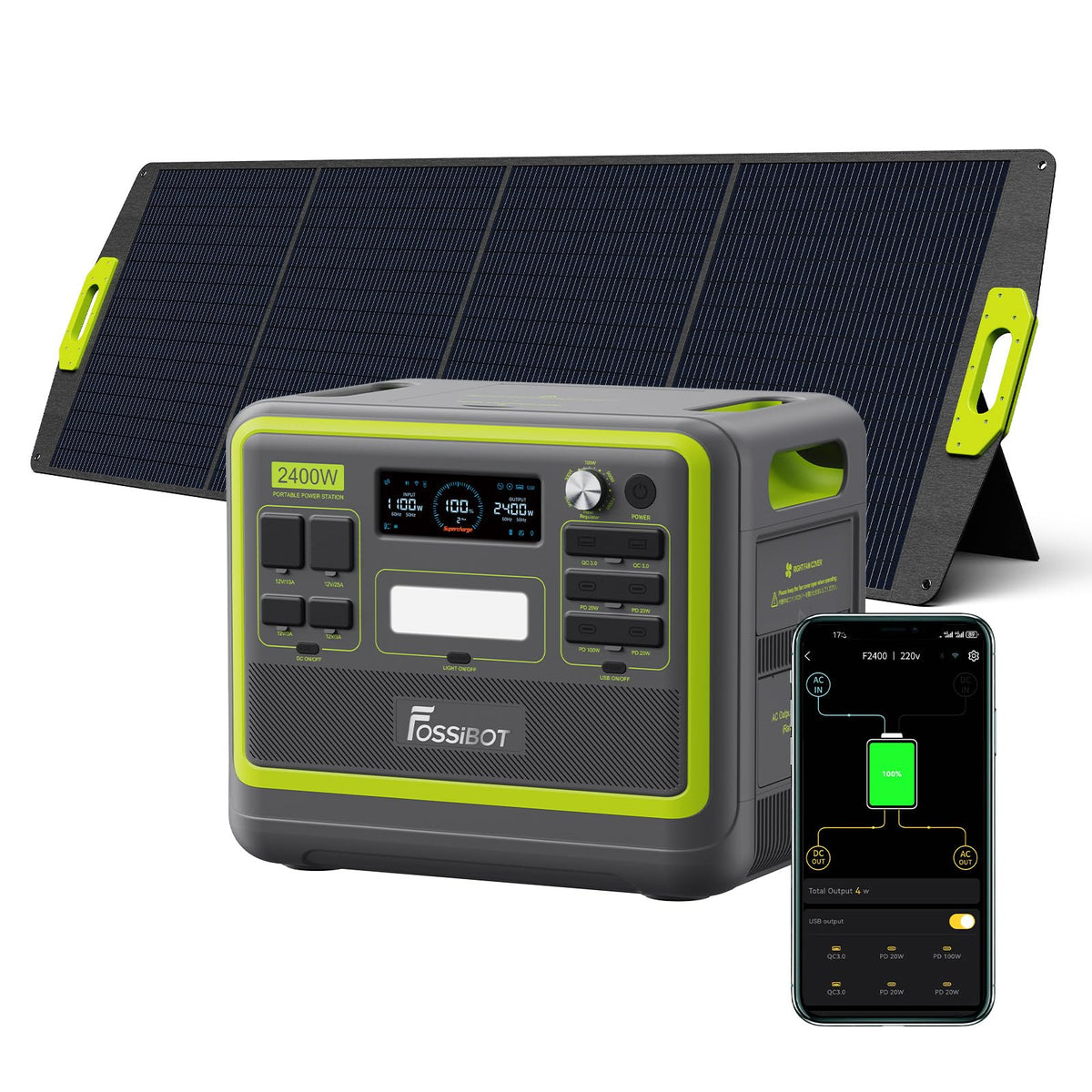 FOSSiBOT F2400 Powerstation mit 200W Solarpanel faltbar, Solargenerator 2048Wh LiFePO4 Batterie 230V 2400W 3AC Ausgängen, USV‑Funktion <10 ms Mobile Stromerzeuger für Camping/Reise/Zuhause/Notfall