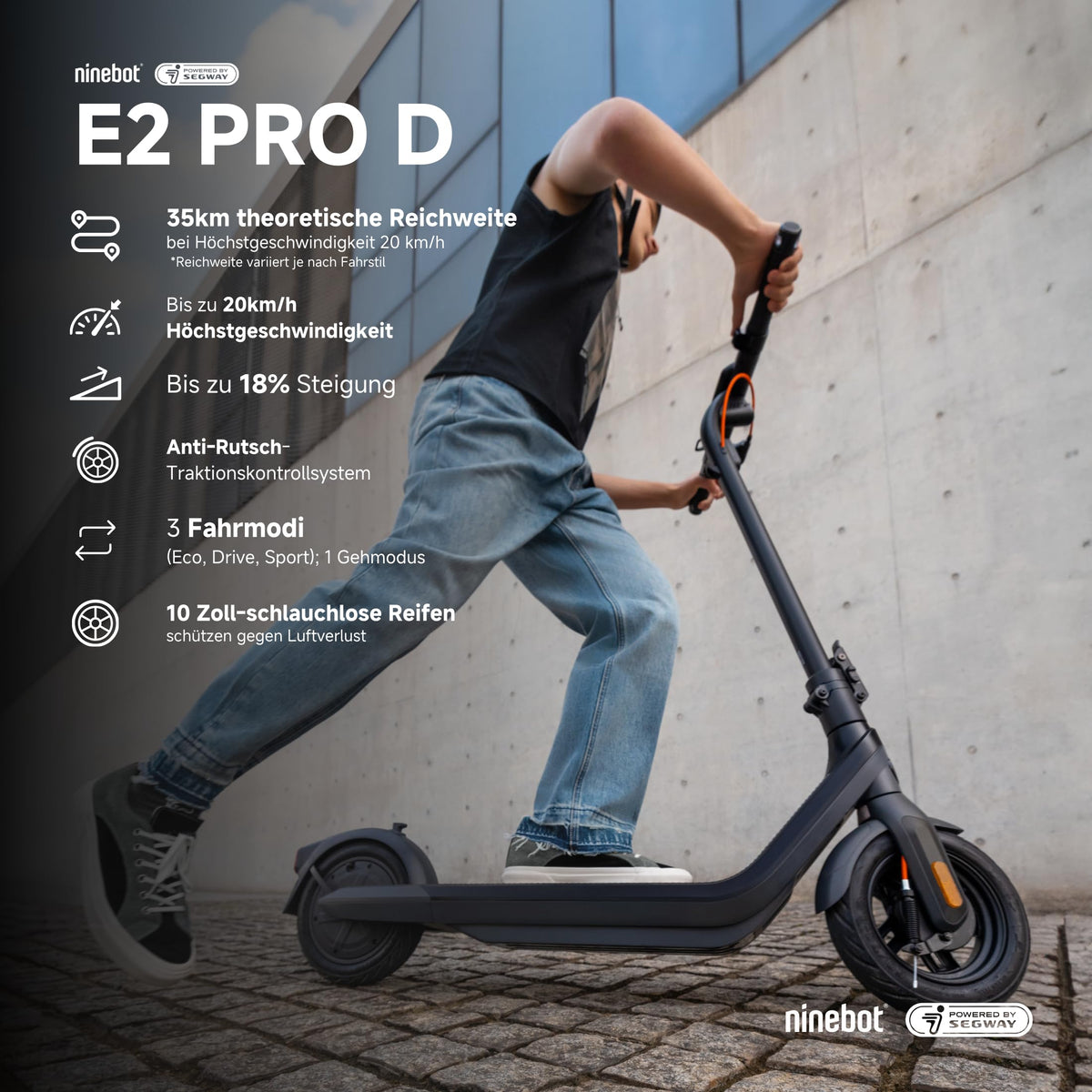 Segway-Ninebot E2 Pro D, E-Scooter mit Straßenzulassung für Erwachsene, max. 20 km/h Geschwindigkeit, 35 km Reichweite, Anti-Rutsch-Traktionskontrollsystem