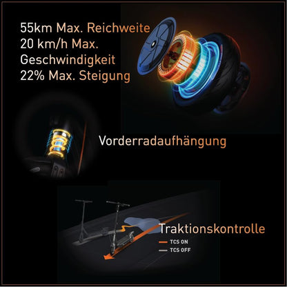 Segway-Ninebot F2 Pro D, E-Scooter mit Straßenzulassung für Erwachsene, max. 20 km/h Geschwindigkeit, 55 km Reichweite, Lange Reichweite