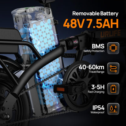 URLIFE E-Bike Klapprad14, 48V 7.5Ah Austauschbarem Akku für Lange Reichweite bis 60KM, Elektrofahrrad 250W Motor, 3 Fahrmodi, Sitzhöhe Verstellbar, Falt-Pedelec ebike für Herren Damen Schwarz