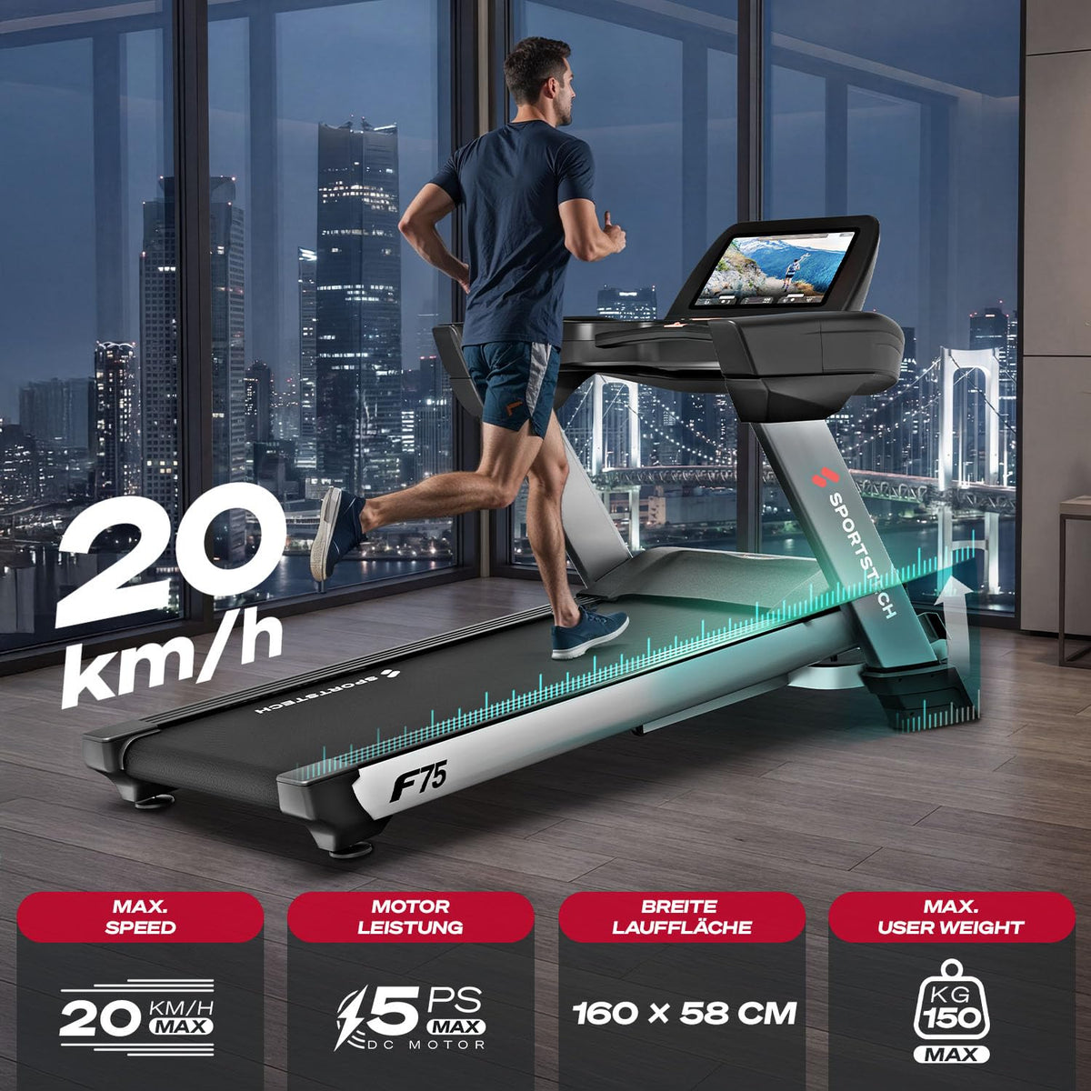 Sportstech, Laufband klappbar mit großem 21,5-Zoll-Touchdisplay, F75