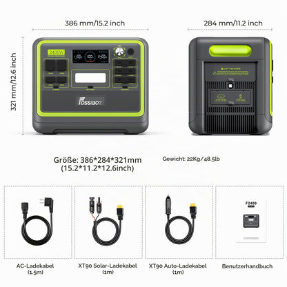FOSSiBOT F2400 Powerstation mit 200W Solarpanel faltbar, Solargenerator 2048Wh LiFePO4 Batterie 230V 2400W 3AC Ausgängen, USV‑Funktion <10 ms Mobile Stromerzeuger für Camping/Reise/Zuhause/Notfall