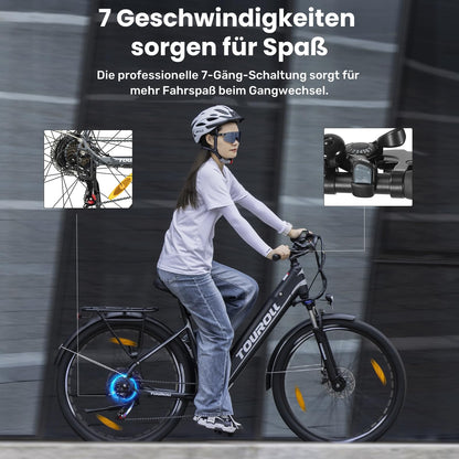 Touroll J1 ST 27,5" E Bike, Elektrofahrrad Trekkingrad E-Bike Herren Damen mit 36V 561.6Wh Akku,100km Reichweite, 250W Motor, E-Fahrrad mit 7-Gang-Getriebe, Pedelec Citybike EBike für Erwachsene
