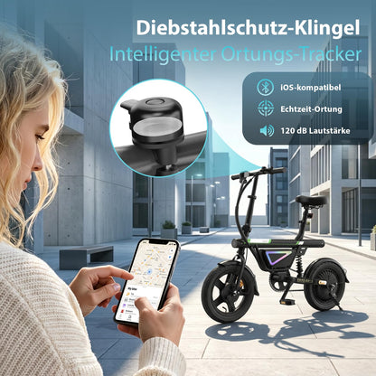 Finbike E-Bike Klapprad 14 Zoll, Elektrofahrrad mit 36V 12Ah Akku für Herren & Damen, 50KM Reichweite, 250W Motor, APP-Steuerung, Faltbares City Bike mit LED-Licht, Leicht & Kompakt für Pendler