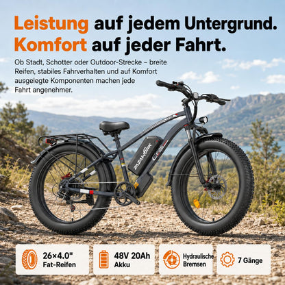 E Bike Herren 26Zoll E Mountainbike 100-120km Reichweite 48V20AH 250W Hintermotor 7-Gang 25km/h E-Bike lockable Federgabel & hydraulische Scheibenbremsen Elektro Fahrrad Männer für Offroad & Trail