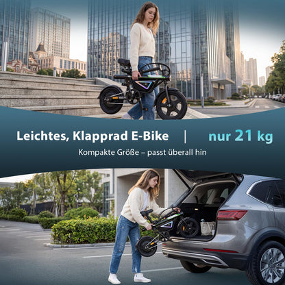 Finbike E-Bike Klapprad 14 Zoll, Elektrofahrrad mit 36V 12Ah Akku für Herren & Damen, 50KM Reichweite, 250W Motor, APP-Steuerung, Faltbares City Bike mit LED-Licht, Leicht & Kompakt für Pendler