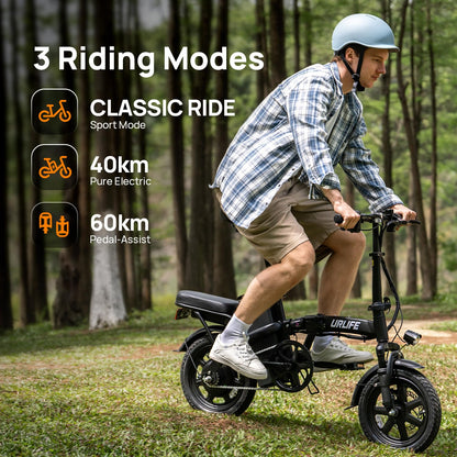 URLIFE E-Bike Klapprad14, 48V 7.5Ah Austauschbarem Akku für Lange Reichweite bis 60KM, Elektrofahrrad 250W Motor, 3 Fahrmodi, Sitzhöhe Verstellbar, Falt-Pedelec ebike für Herren Damen Schwarz